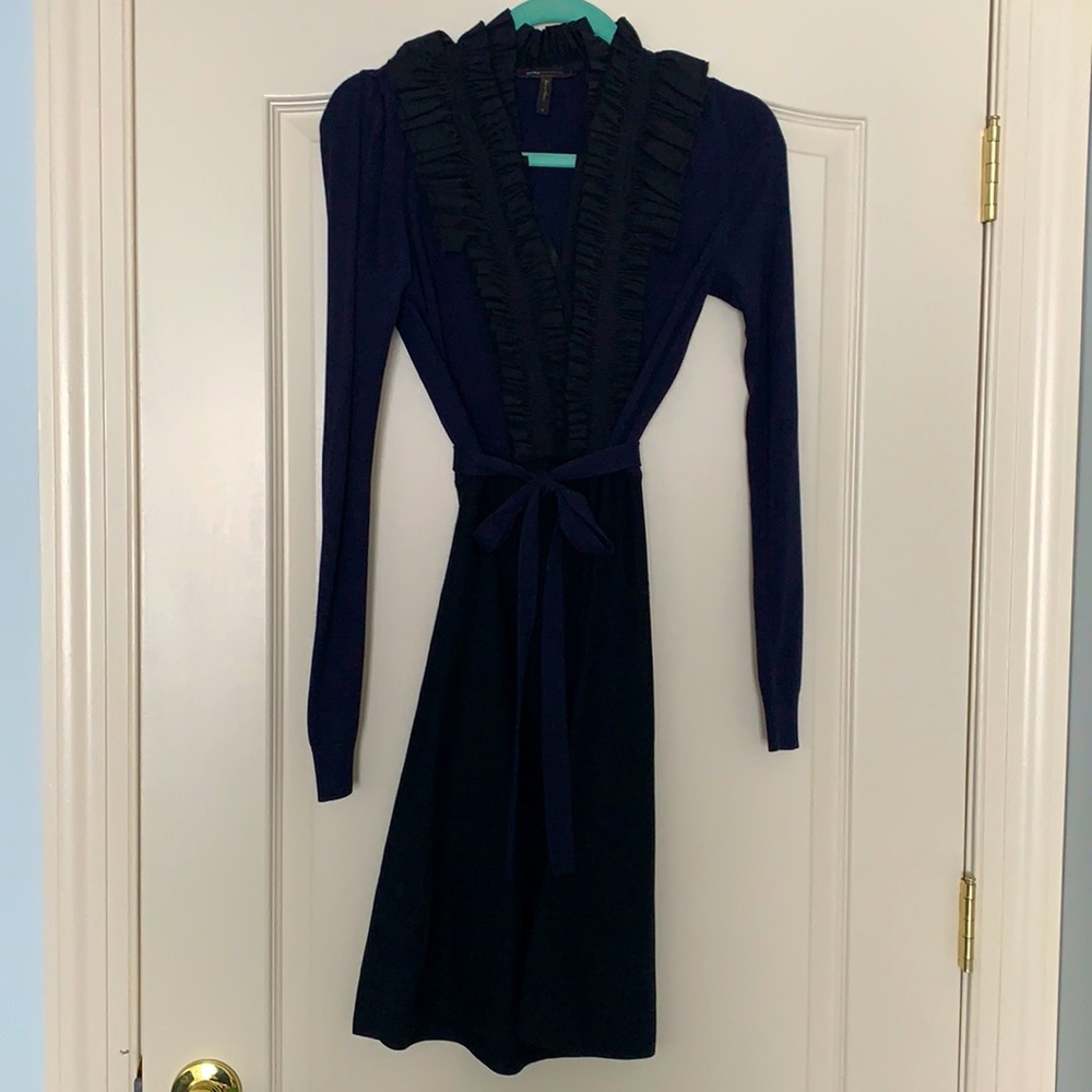 Knit, belted sweater dress with ruffled collar